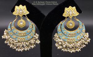 23k Gold and Diamond Polki Reversible Chand Bali Earring Pair with intricate enamelling - gold diamond polki kundan meena jadau jewellery