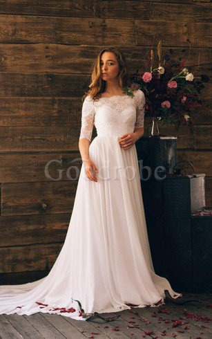 Robe de mariée simple impressioé de col bateau jusqu'au sol ruché