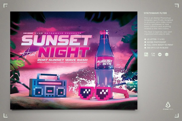 Synthwave Flyer Vaporwave Sunset Retro Template
