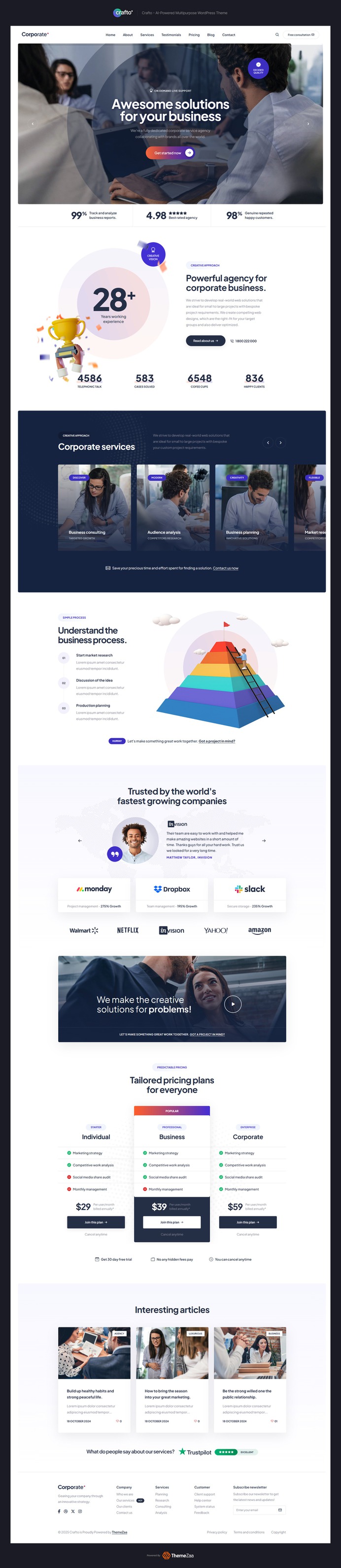 Sleek, professional, and built for success - Corporate #Crafto is your ultimate #WordPress #theme for business excellence. Designed with clean aesthetics and strategic layout blocks, it empowers agencies, consultancies, and enterprises to make a bold digital impression. 

With AI-powered tools, responsive design, and effortless customization, Crafto turns vision into a powerful online presence. From services to case studies, every section is crafted to convert. 

Launch your corporate brand with confidence and creativity — only with Crafto. https://crafto.themezaa.com/corporate/.