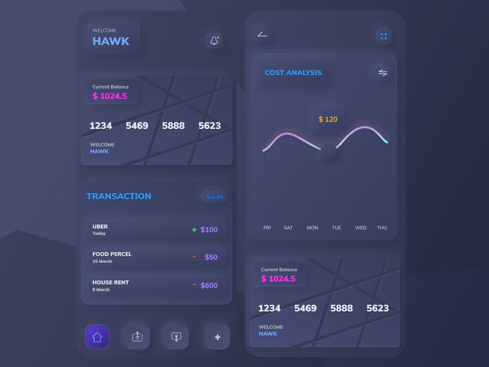 Skeuomorphism / Neumorphism UI -DESIGN EXPERIMENT: SKEUOMORPH E-WALLET APP (DARK VERSION) BY BEATNIK TEAM