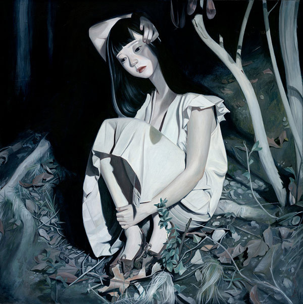 Art by Joanne Nam #girl #woods #illustration #painting #moonlight #art #forest #leaves