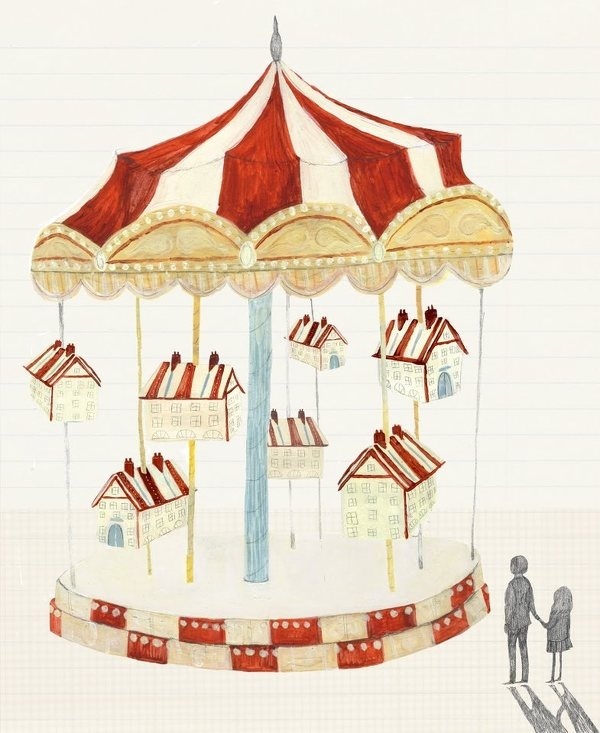 Azul Siena: Merry Go Round. Katie Harnett #houses #illustration #carousel