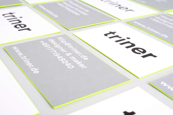 filip triner design branding business cards painted edges www.triner.de edge neon yellow embossing emboss print thick business card black gr