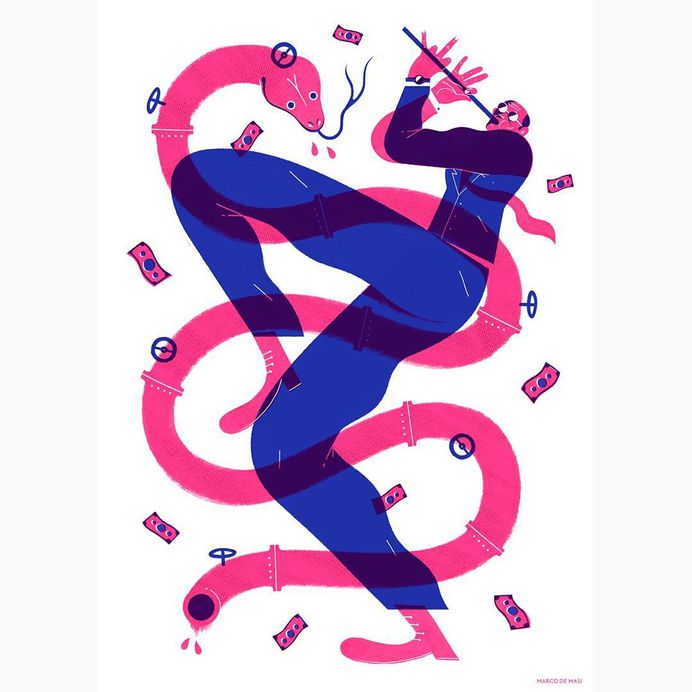 Snake charmer. About #Notap (Trans Adriatic Pipeline) for @fuc_knormality #creativity #insipiration #art #artist #visualart #artwork #illustration #illustrator #marcodemasi #editorialillustration #design #graphicdesign #drawing #magazine #mag #painting #type #typography #artoftheday #picoftheday #vector #editorialillo #illo #risograph