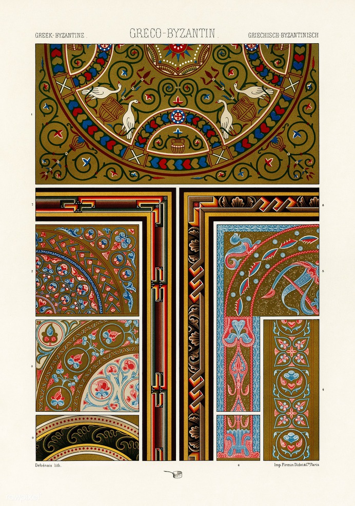 Greek-Byzantine pattern from L'ornement Polychrome (1888) by Albert Racinet (1825–1893). Digitally enhanced from...