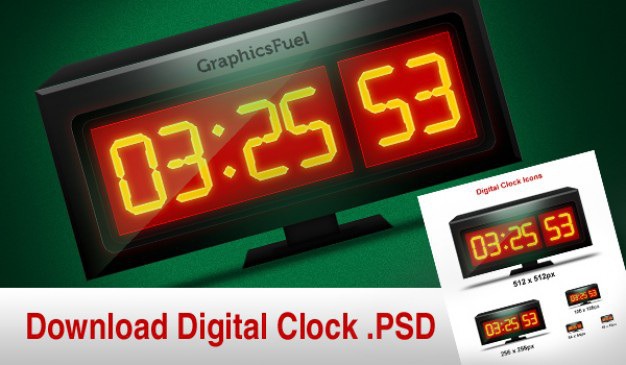 Download digital clock graphic and it's icon in different sizes Free Psd. See more inspiration related to Icon, Clock, Icons, Graphic, Digital, Photoshop, Psd, Clock icon, Files, Digital clock, Different, Download icon, Horizontal and Sizes on Freepik.