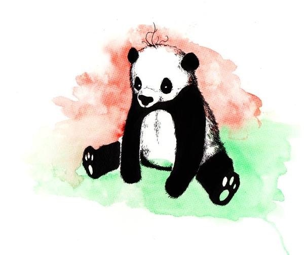 Un panda en noir et blanc sur un fond coloré #panda #ink #watercolor
