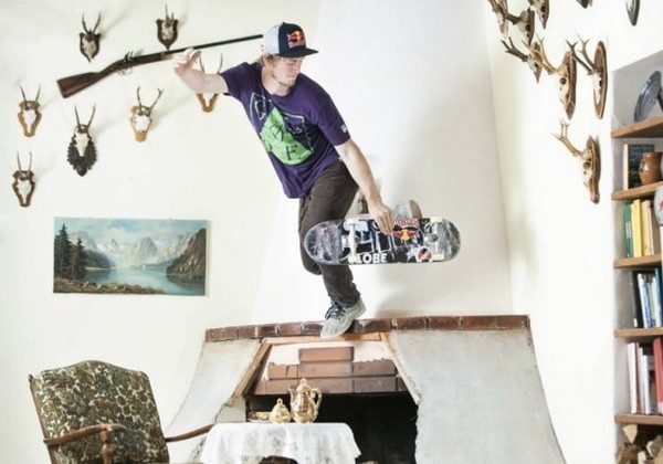 Skateboard art with fireplace in the interior #interior #kateboard #art #skateboard #villa #kate