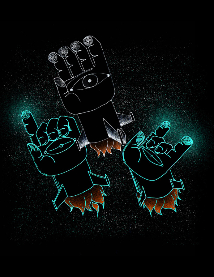 Palm Pilots... www.anditisgood.com #design #space #illustration #rocket #hands #drawing #neon