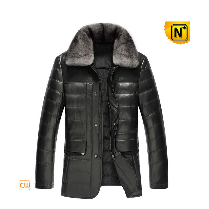 Padded Down Leather Coat with Fur Trimmed Collar CW860010 #padded #down #coat
