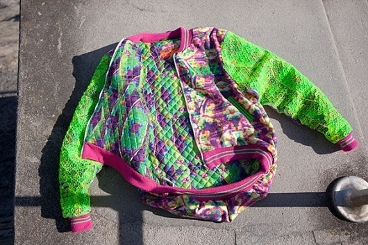 Details - Bethan Heslop — Graduate Collection #model #pink #neon #print #jeans #varsity #sportswear #hat #fashion #green