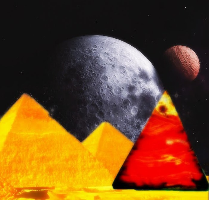 The moon behind the pyramids by Howard Lee - Illustration Places ( cosmic, moon, yellow, pyramids, space, structure ) #pyramids #collage #moon #pixoto