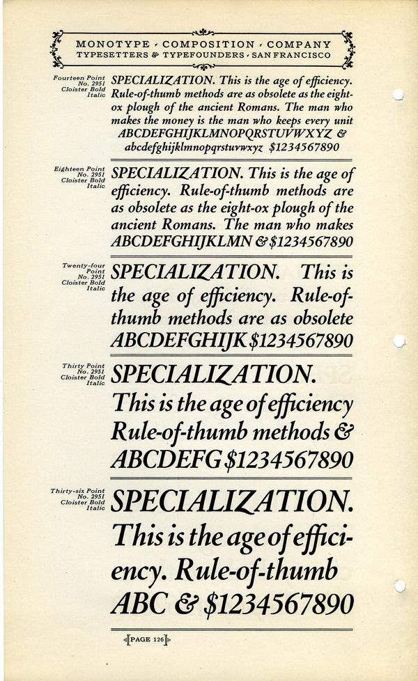 Monotype's version of Cloister Bold Italic by Morris Fuller Benton are shown in this 1920s type specimen.Buy Cloister at MyFonts. #type #specimen #typography