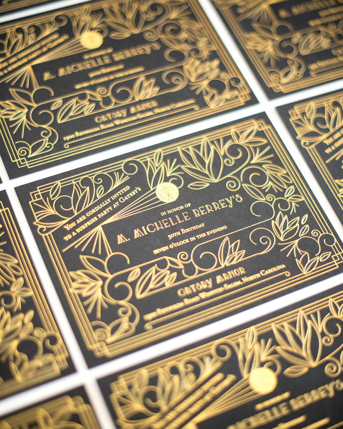 Black and Gold Foil Art Deco Birthday Party Invitations by One and Only Paper