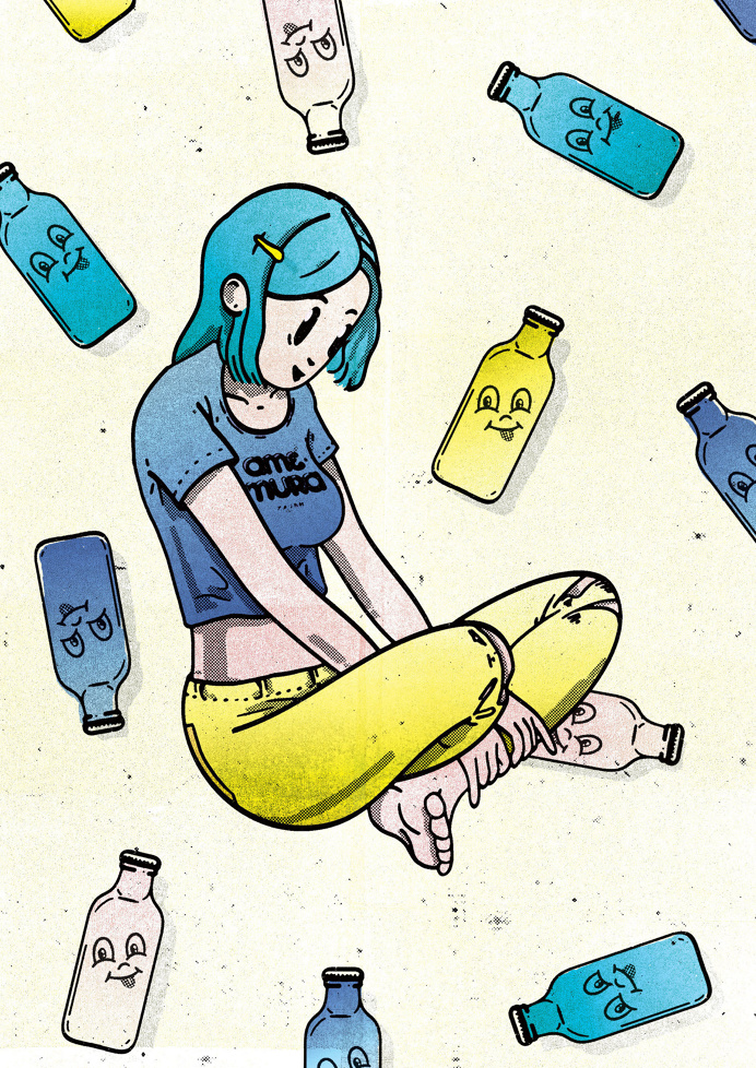 #illustration #girl #japan #osaka #manga #bottles #fun #colour #illustrator #color #cool #graphic #art #texture #character