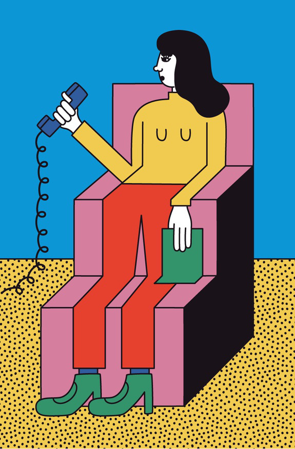 A flat illustration in pop-art style depicting a woman seated in a geometric pink armchair, wearing a yellow turtleneck, red trousers, and green heeled boots, holding a corded telephone handset.