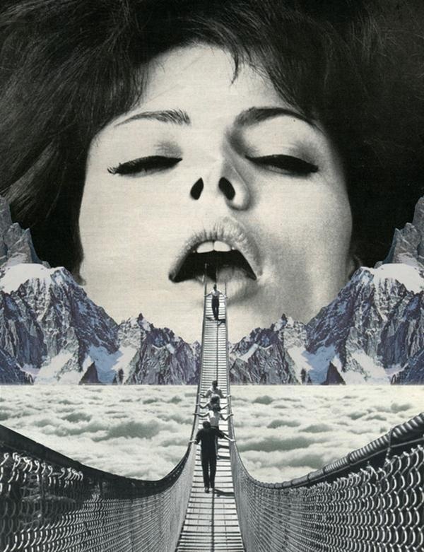 Black-and-white photomontage collage depicting a woman's face with closed eyes and parted lips, from which a rope suspension bridge extends into a surreal landscape of snow-capped mountains and clouds with tiny figures walking.